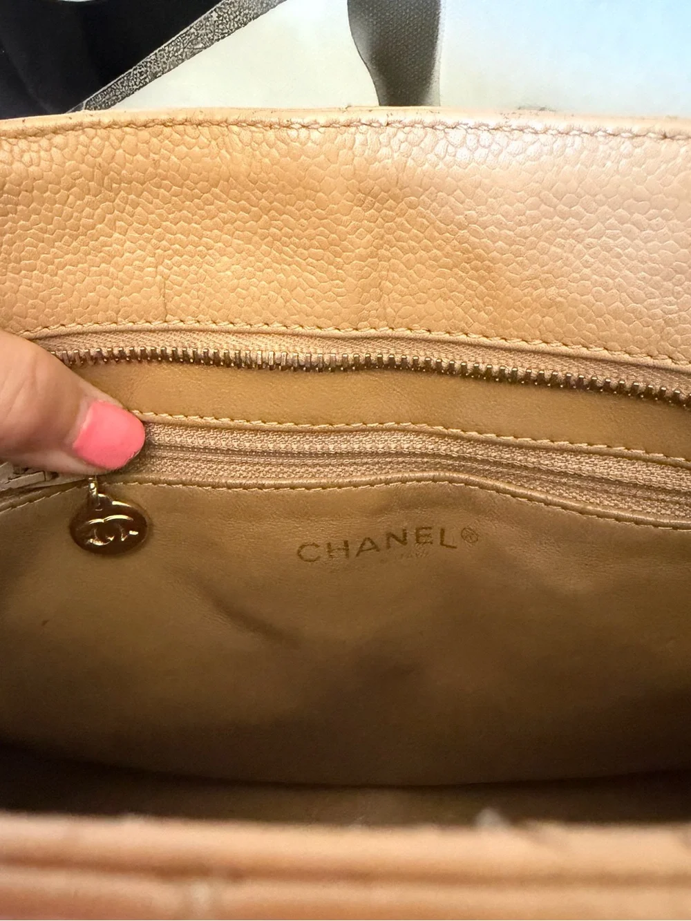 CHANEL Medallion Tote Bag Beige Caviar Leather Large CC Logo